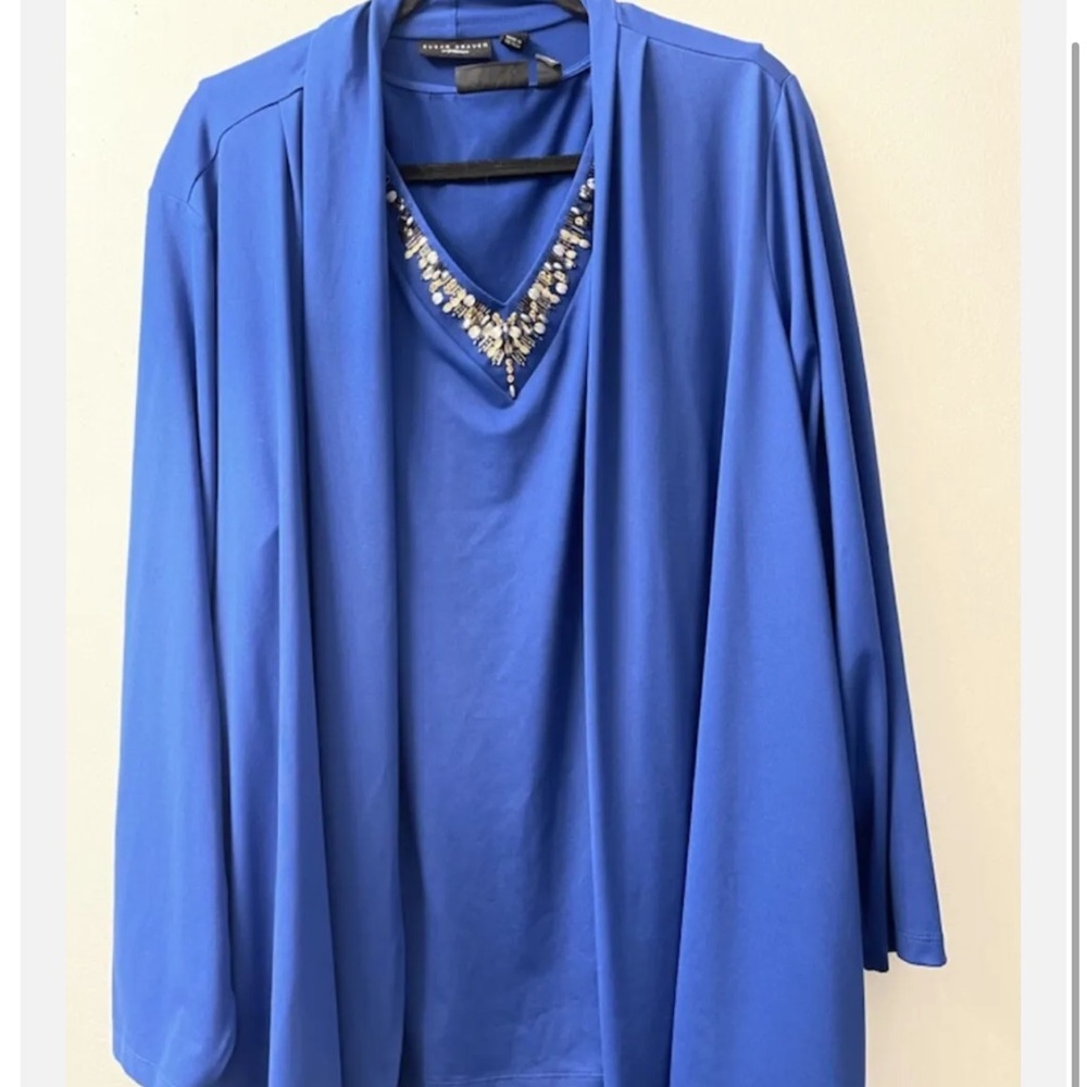 SUSAN GRAVER L 2PC Set Top & Cardigan  Blue Stretch Long Sleeves 3x